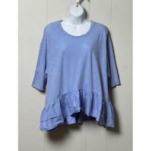 Akemi + Kin Anthropologie Women Oversized Blue Ruffle Hem Slub Knit Top Tee Sz M
